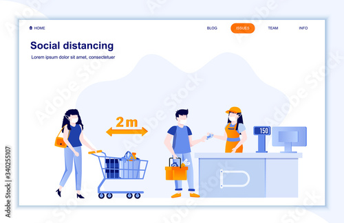 Social distancing flat landing page. Coronavirus protection public health practice. People in medical masks keeping distance in shop. Covid-19 pandemic risk vector illustration. Coronavirus prevention