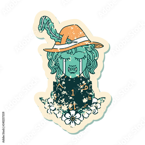 sad half orc bard character with natural one d20 roll illustration