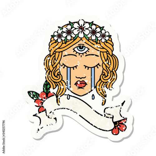 grunge sticker with banner of female face with third eye crying