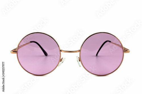 Pink Round Frame street style sunglasses with gold frames isolated on white background - Front View