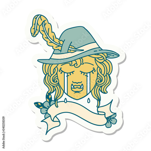 crying half orc bard character face sticker
