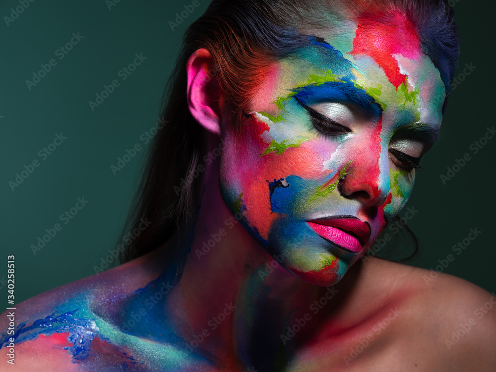Fashion and creative makeup, young beautiful woman abstract face art, - obrazy, fototapety, plakaty 