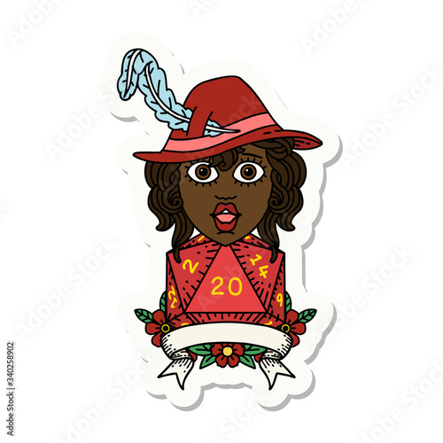 human bard character with natural 20 dice roll sticker