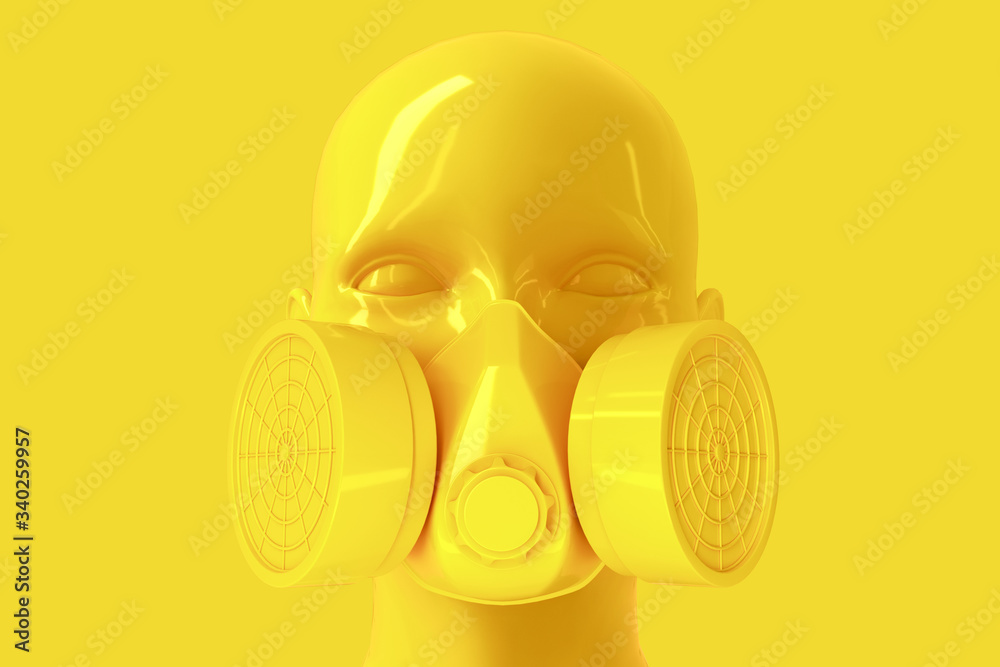Minimalistic glamorous background with a woman's shiny porcelain face and a respirator on a yellow background. 3D illustration. Minimalistic glamorous background with a woman's shiny porcelain face and a respirator on a yellow background. 3D illustration.