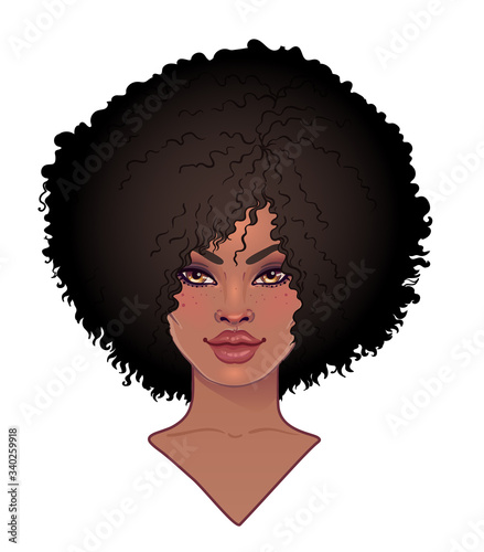 Beautiful woman with long wavy hair flowing in the wind. Hair salon concept. vector illustration isolated. Portrait of a young African American woman. Glamour Fashion concept.