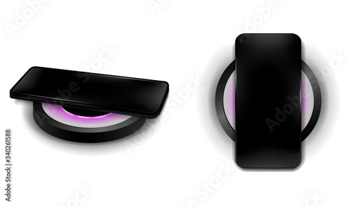 Black phone on wireless charging on isolated background, top and side view, realistic smartphone and wireless charging, vector illustration