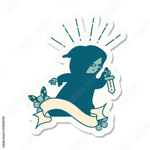 sticker of tattoo style assassin with knife