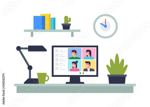 Online Conference. Group video chat. Remote team work. Flat Style. isolated on white background