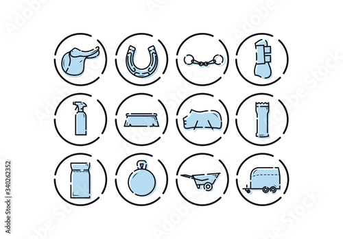 Horse equipment icons. Horse care tools icons set. Saddle, horseshoe, fishing rod, foot protection, cleaning agent, brush, feed, wheelbarrow, horse trailer