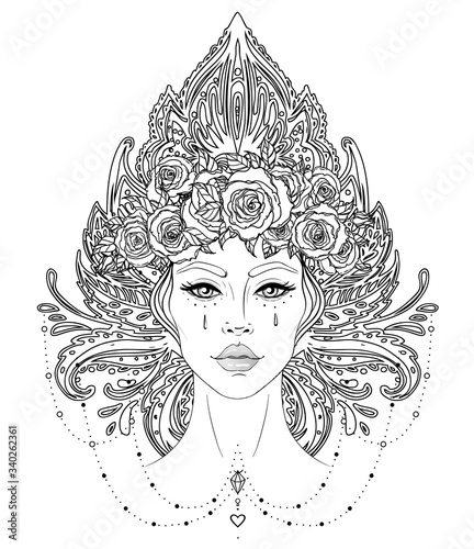 Tribal Fusion Boho Diva. Beautiful Asian divine girl with ornate crown, kokoshnik inspired. Bohemian goddess. Hand drawn elegant illustration. Lotus flower, ethnic art, patterned Indian paisley.
