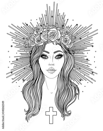 Madonna, Lady of Sorrow. Devotion to the Immaculate Heart of Blessed Virgin Mary, Queen of Heaven. Vector illustration isolated on white. Coloring book for adults. Tattoo design.