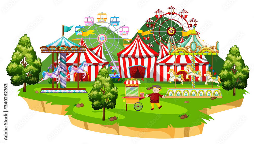 Scene with many rides in the circus park Scene with many rides in the circus park