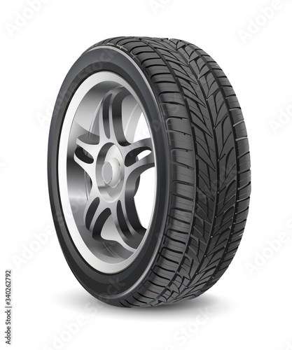 Tire car vector isolated on white background. 3D icon.  Car summer wheel. Black rubber tire. Realistic detailed tire design. Aluminum wheel illustration. Car disk wheel. High quality.