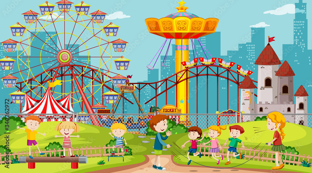 Themepark scene with many rides and happy children