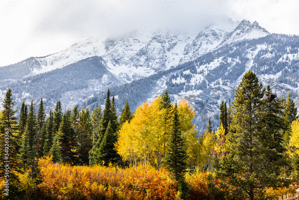 Snow capped mountains in Grand Teton National Park.