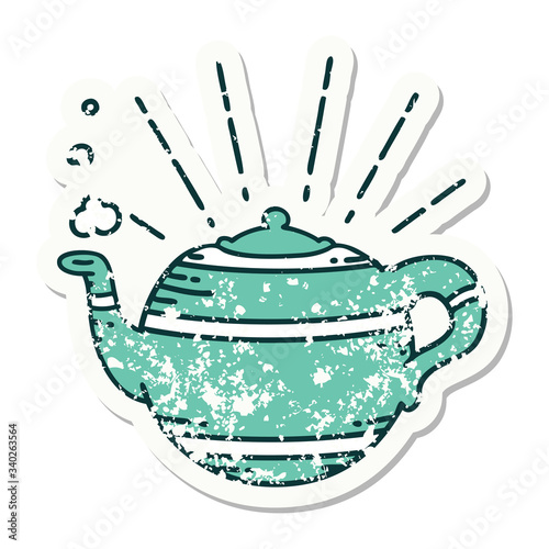 grunge sticker of tattoo style steaming teapot