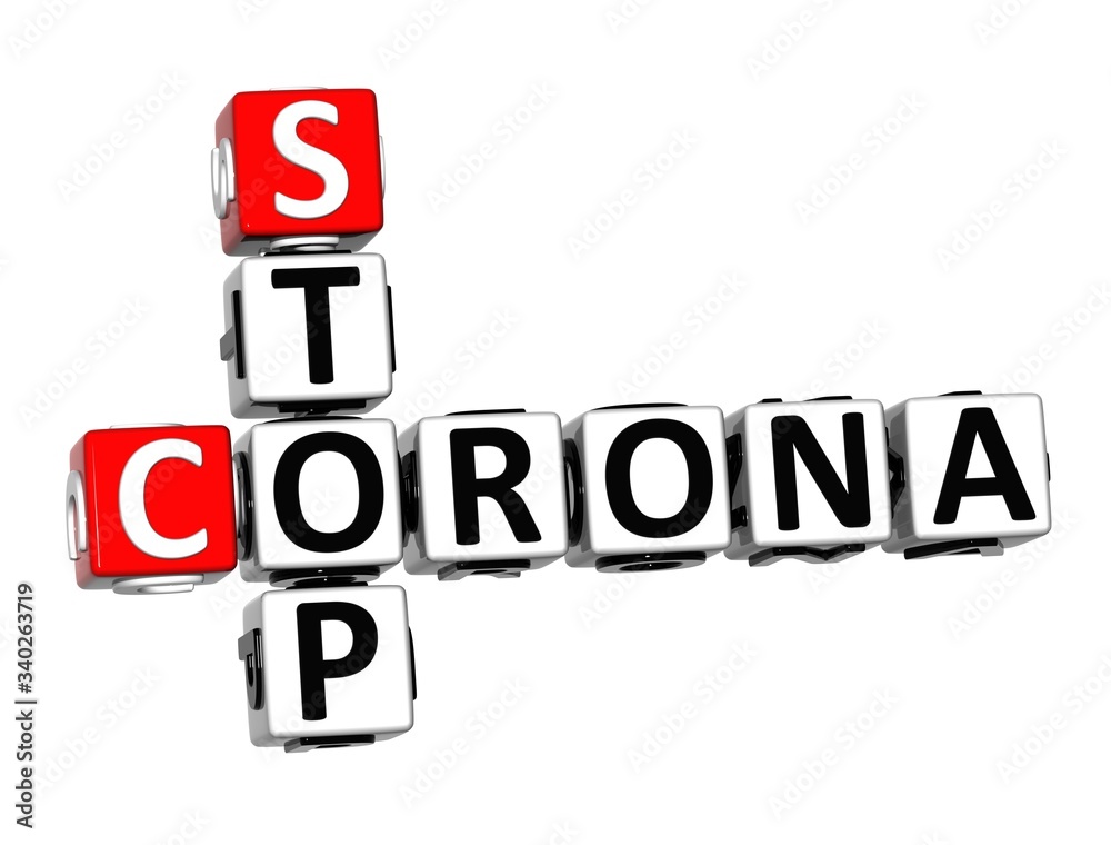 Stop Coronavirus COVID-19. 3D red-white crossword puzzle on white background. Corona Virus Creative Words. Stop Coronavirus COVID-19. 3D red-white crossword puzzle on white background. Corona Virus Creative Words.
