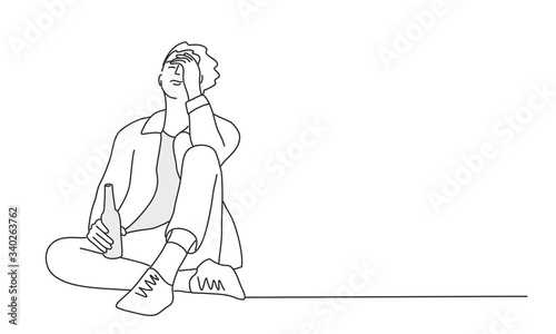 Man is sitting alone with a bottle.  Line drawing vector illustration.
