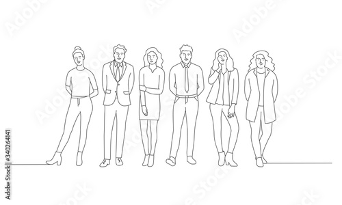 Line drawing vector illustration of people standing in a row.