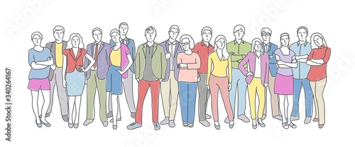Diverse group of standing people. Hand drawn vector illustration.