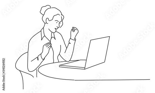 Line drawing vector illustration of woman talking in a video conference.