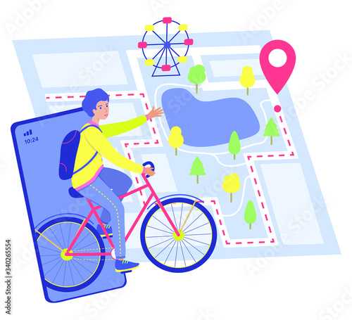 Boy rides a bike in the park. Man use navigation on your phone. City map with park. Flat cartoon stile. Vector stock illustration. 