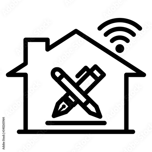 Vector is work at home outline icon with pen,pencil and internet wifi on white background.