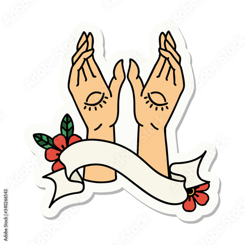 tattoo sticker with banner of mystic hands