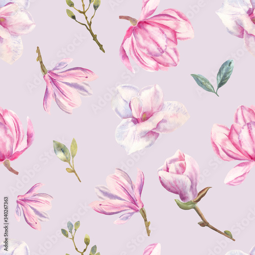 Hand drawn watercolor seamless pattern with magnolia flowers and green leaves. Perfect for wrappers, wallpapers, textile, postcards, greetings, wedding invitations, romantic events.