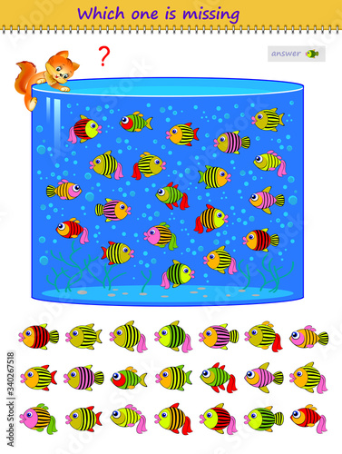 Logic puzzle game for children and adults. Which one of the fishes is missing in aquarium? Printable page for kids brain teaser book. Developing spatial thinking skills. IQ test. Flat cartoon vector.