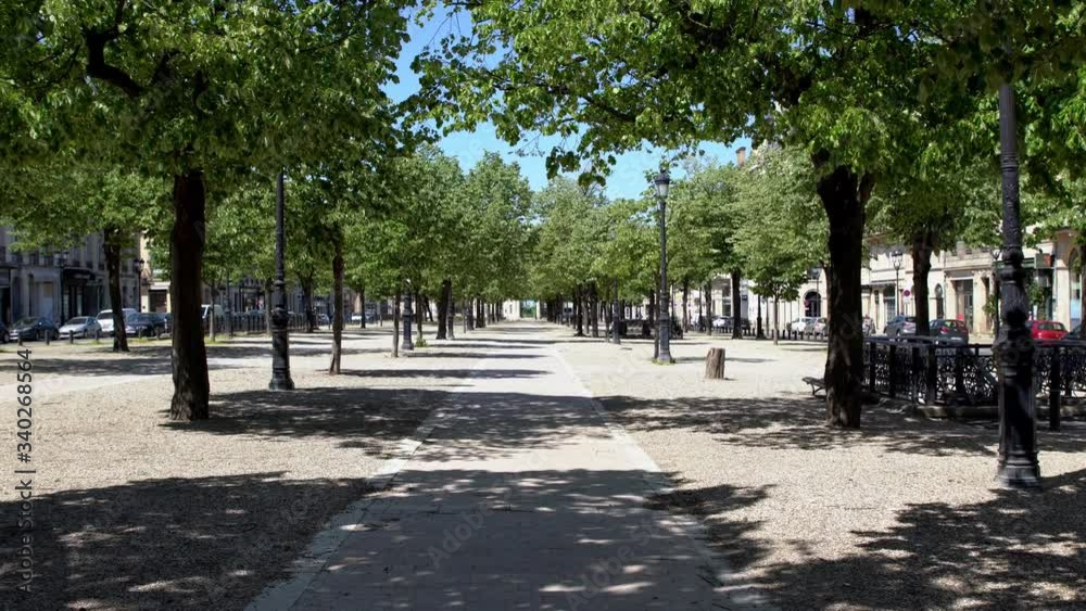 Tourny Promenade park walkway in Bordeaux France empty during the COVID-19 pandemic, Walking forward stable shot Tourny Promenade park walkway in Bordeaux France empty during the COVID-19 pandemic, Walking forward stable shot
