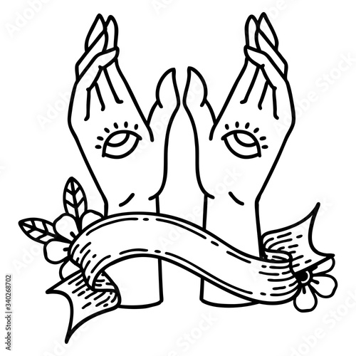 black linework tattoo with banner of mystic hands