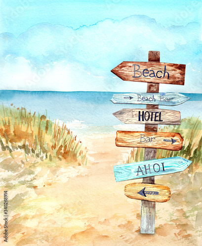 Information signpos on the beach. Blue sky, nice weather. Happy holiday.  Stock illustration. Hand painted in watercolor.