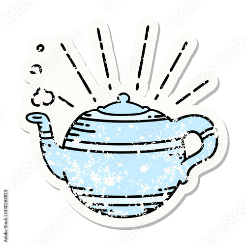 grunge sticker of tattoo style steaming teapot