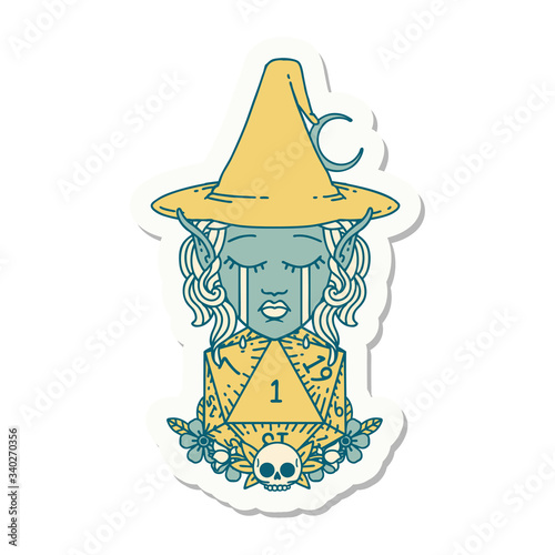 crying elf witch with natural one D20 roll sticker