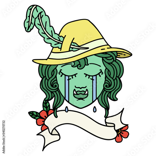 crying half orc bard character face illustration