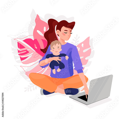Vector Illustration Of Mother Holding Baby Son or daughter In Arms. Happy Mother`s Day Greeting Card. working or sporty mom enjoing motherhood