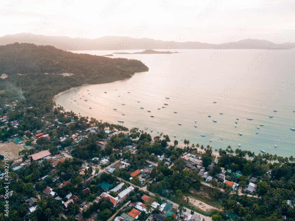 Aerial Landscape shot of the city of Port Barton, Palawan, Philippines