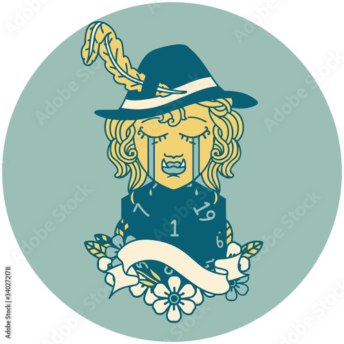 crying orc bard character with natural one D20 roll illustration