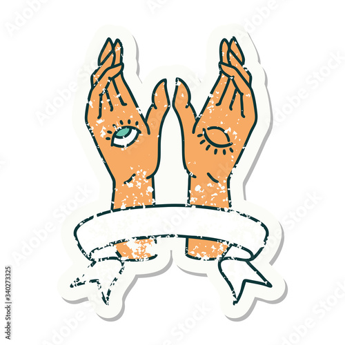 grunge sticker with banner of mystic hands