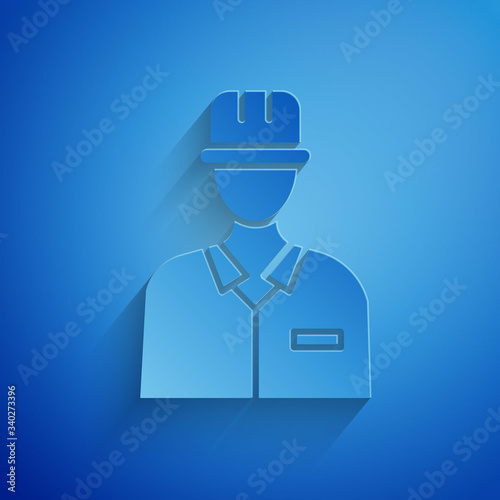 Paper cut Oilman icon isolated on blue background. Paper art style. Vector Illustration
