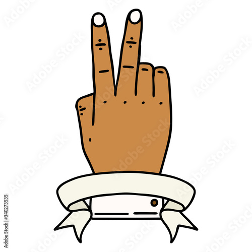 victory v hand gesture with banner illustration