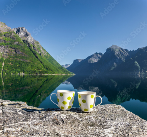 Picknick am  Hjørundfjord in Norwegen, Skandinavien