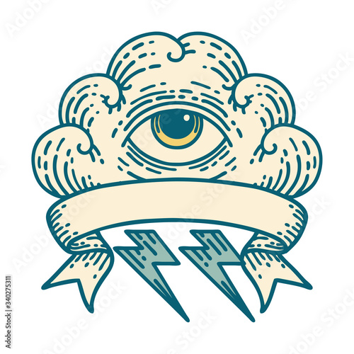 tattoo with banner of an all seeing eye cloud