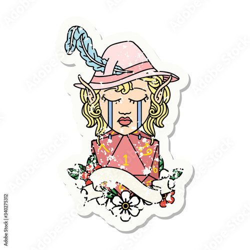 crying elf bard character face with natural one grunge sticker
