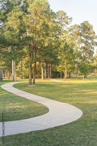 Concrete winding concrete pathway and tall trees at green suburban park in Houston, Texas, USA