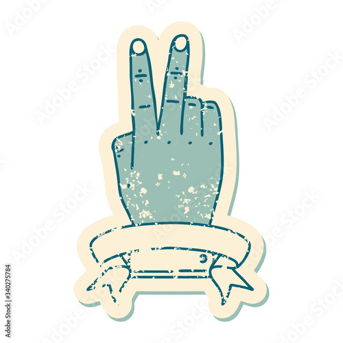 victory v hand gesture with banner illustration