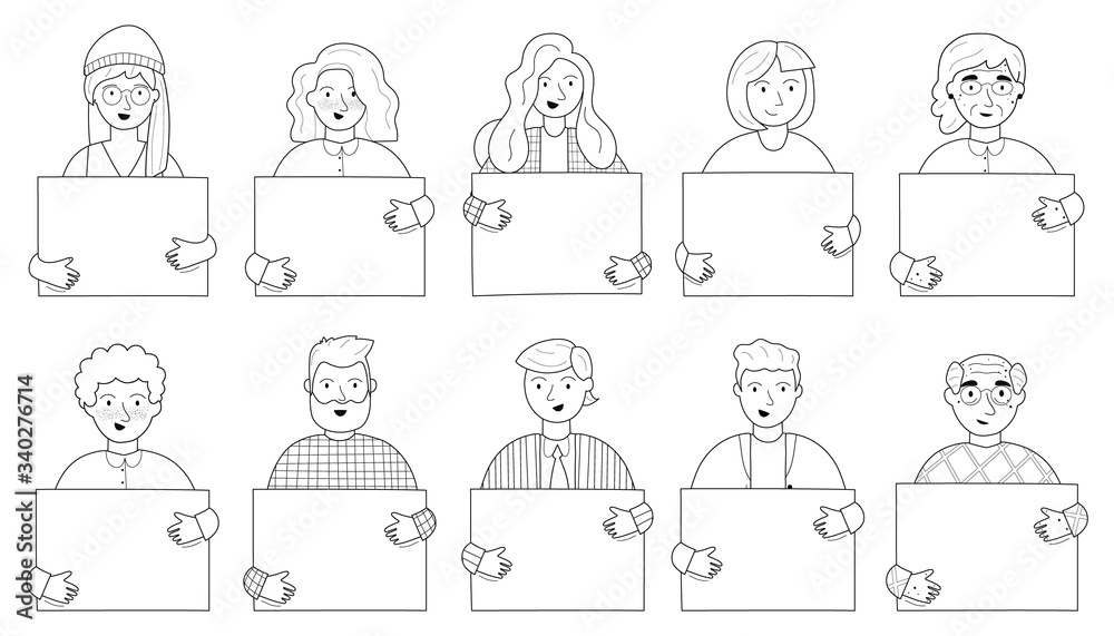 Simple outline people portraits with a blank placard .in their hands isolated on white background. Trendy man and women carrying empty banner with a place for text. Flat vector illustration Simple outline people portraits with a blank placard .in their hands isolated on white background. Trendy man and women carrying empty banner with a place for text. Flat vector illustration