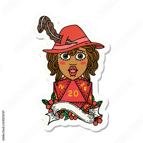 human bard with natural 20 dice roll sticker