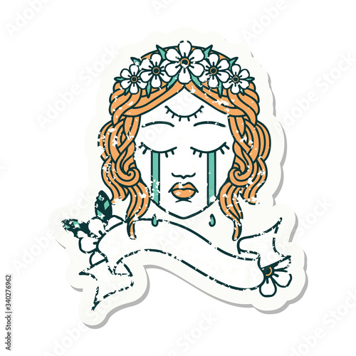 grunge sticker with banner of female face crying with third eye